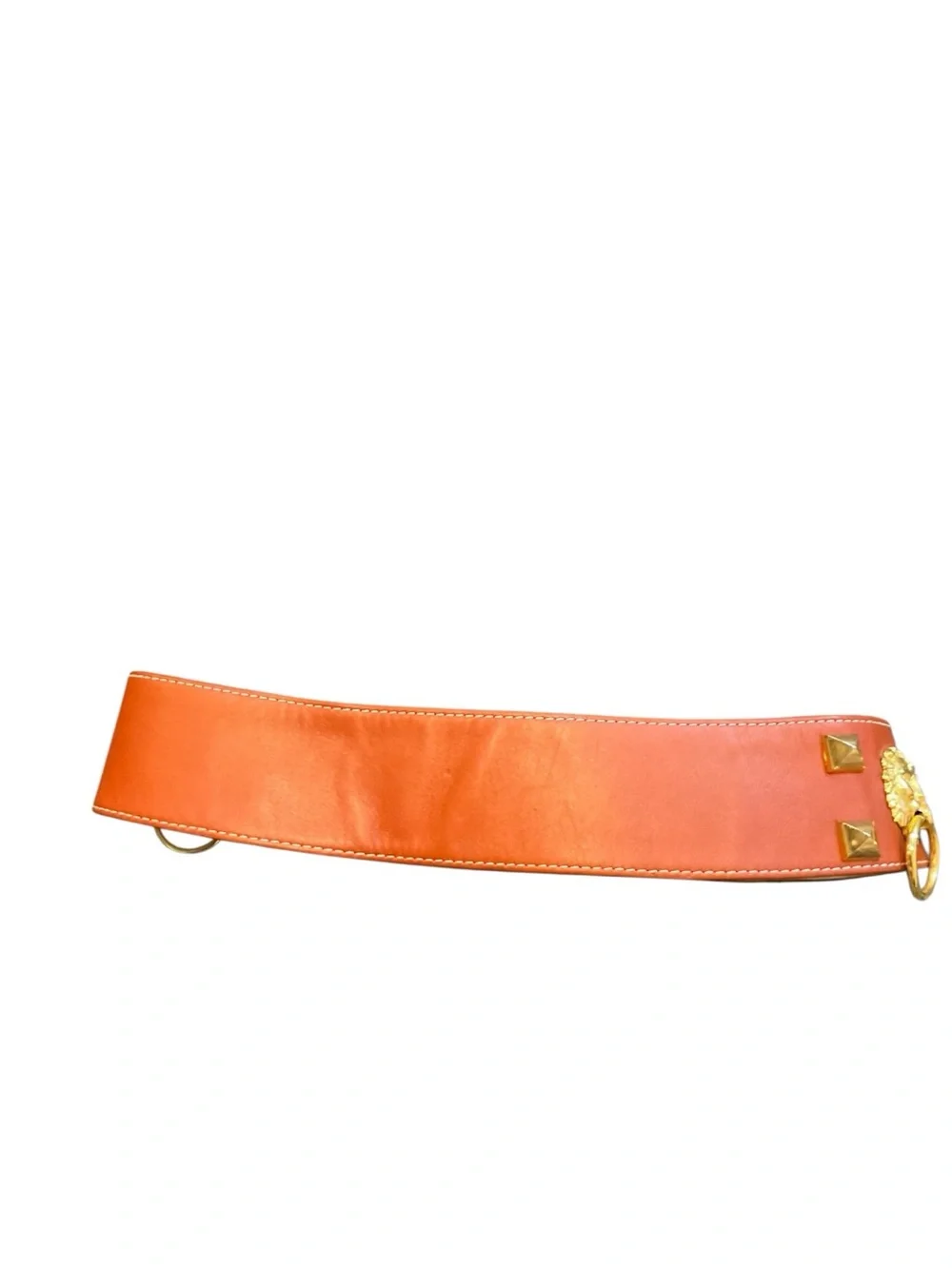 Source Unknown Orange Leather Waist Belt with Gold Lion Ring Accents